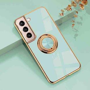 For Samsung Galaxy S22+ 5G 6D Electroplating Full Coverage Silicone Phone Protective Case with Magnetic Ring Holder(Light Cyan)