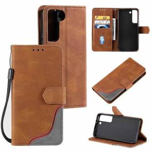 For Samsung Galaxy S22+ 5G Three-color Stitching Calf Texture Horizontal Flip Phone Leather Case with Holder & Card Slots & Wallet(Brown)