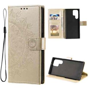 For Samsung Galaxy S22 Ultra 5G Totem Flower Embossed Horizontal Flip Phone Leather Case with Holder & Card Slots & Wallet(Gold)