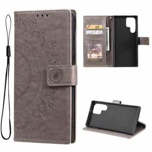 For Samsung Galaxy S22 Ultra 5G Totem Flower Embossed Horizontal Flip Phone Leather Case with Holder & Card Slots & Wallet(Grey)