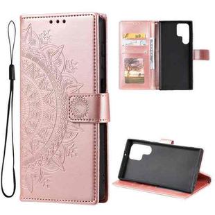 For Samsung Galaxy S22 Ultra 5G Totem Flower Embossed Horizontal Flip Phone Leather Case with Holder & Card Slots & Wallet(Rose Gold)