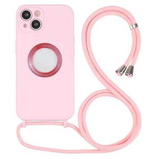 For iPhone 13 mini Acrylic Hollow Out Phone Case with Lanyard (Pink)