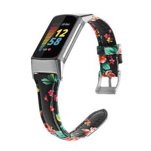 For Fitbit Charge 5 FC5-18 Leather Strap Watch Band, Size:S(Red Flower)