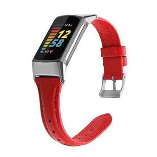 For Fitbit Charge 5 FC5-18 Leather Strap Watch Band, Size:S(Red)