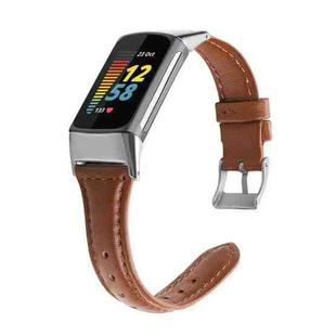 For Fitbit Charge 5 FC5-18 Leather Strap Watch Band, Size:S(Brown)