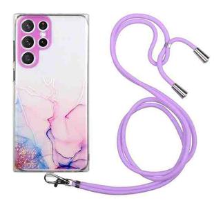 For Samsung Galaxy S22 Ultra 5G Hollow Marble Pattern TPU Shockproof Phone Case with Neck Strap Rope(Pink)