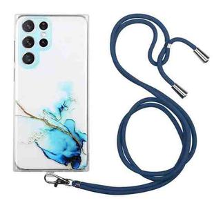 For Samsung Galaxy S22 Ultra 5G Hollow Marble Pattern TPU Shockproof Phone Case with Neck Strap Rope(Blue)
