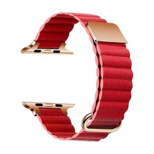 Magnetic Leather Strap Watch Band For Apple Watch Ultra 49mm / Series 8&7 45mm / SE 2&6&SE&5&4 44mm / 3&2&1 42mm(Rose Gold Buckle Red)