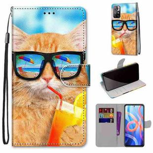 For Xiaomi Redmi Note 11 Coloured Drawing Cross Texture Horizontal Flip Leather Phone Case with Holder & Card Slots & Wallet & Lanyard(Cat Drinking Soda)
