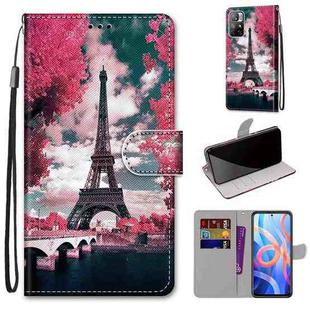 For Xiaomi Redmi Note 11 Coloured Drawing Cross Texture Horizontal Flip Leather Phone Case with Holder & Card Slots & Wallet & Lanyard(Pink Flower Tower Bridge)