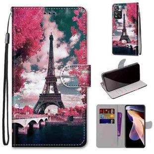 For Xiaomi Redmi Note 11 Pro/11 Pro+ Coloured Drawing Cross Texture Horizontal Flip Leather Phone Case with Holder & Card Slots & Wallet & Lanyard(Pink Flower Tower Bridge)