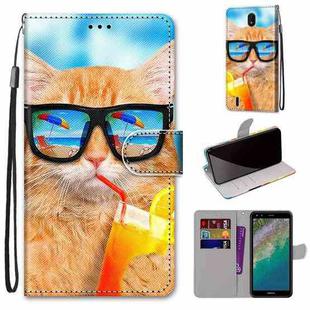 For Nokia C01 Plus Coloured Drawing Cross Texture Horizontal Flip Leather Phone Case with Holder & Card Slots & Wallet & Lanyard(Cat Drinking Soda)