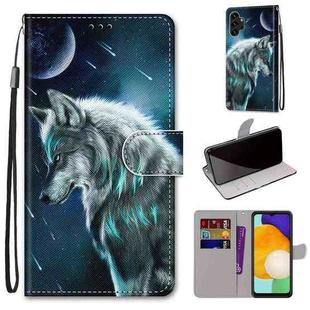 For Samsung Galaxy A13 4G Coloured Drawing Cross Texture Horizontal Flip Leather Phone Case with Holder & Card Slots & Wallet & Lanyard(Pensive Wolf)