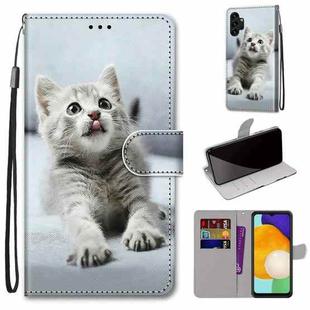 For Samsung Galaxy A13 4G Coloured Drawing Cross Texture Horizontal Flip Leather Phone Case with Holder & Card Slots & Wallet & Lanyard(Small Grey Cat)