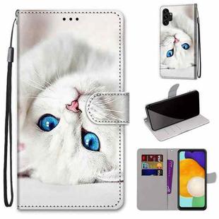 For Samsung Galaxy A13 4G Coloured Drawing Cross Texture Horizontal Flip Leather Phone Case with Holder & Card Slots & Wallet & Lanyard(White Kitten)