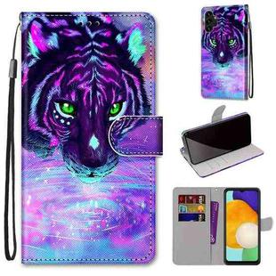 For Samsung Galaxy A13 4G Coloured Drawing Cross Texture Horizontal Flip Leather Phone Case with Holder & Card Slots & Wallet & Lanyard(Tiger Drinking Water)