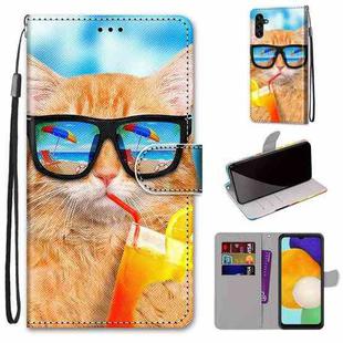 For Samsung Galaxy A13 5G Coloured Drawing Cross Texture Horizontal Flip Leather Phone Case with Holder & Card Slots & Wallet & Lanyard(Cat Drinking Soda)