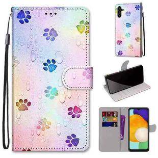 For Samsung Galaxy A13 5G Coloured Drawing Cross Texture Horizontal Flip Leather Phone Case with Holder & Card Slots & Wallet & Lanyard(Footprint Water Drops)
