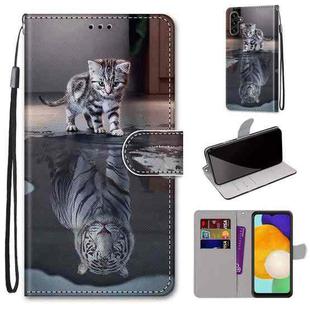 For Samsung Galaxy A13 5G Coloured Drawing Cross Texture Horizontal Flip Leather Phone Case with Holder & Card Slots & Wallet & Lanyard(Cat Becomes Tiger)