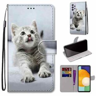 For Samsung Galaxy A33 5G Coloured Drawing Cross Texture Horizontal Flip Leather Phone Case with Holder & Card Slots & Wallet & Lanyard(Small Grey Cat)