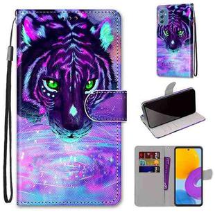 For Samsung Galaxy M52 5G Coloured Drawing Cross Texture Horizontal Flip Leather Phone Case with Holder & Card Slots & Wallet & Lanyard(Tiger Drinking Water)