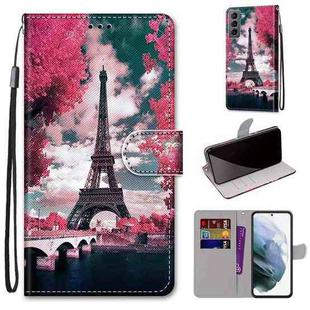 For Samsung Galaxy S22 5G Coloured Drawing Cross Texture Horizontal Flip Leather Phone Case with Holder & Card Slots & Wallet & Lanyard(Pink Flower Tower Bridge)