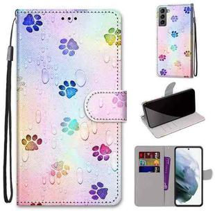 For Samsung Galaxy S22 5G Coloured Drawing Cross Texture Horizontal Flip Leather Phone Case with Holder & Card Slots & Wallet & Lanyard(Footprint Water Drops)