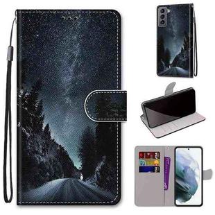 For Samsung Galaxy S22 5G Coloured Drawing Cross Texture Horizontal Flip Leather Phone Case with Holder & Card Slots & Wallet & Lanyard(Mountain Road Starry Sky)