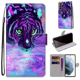 For Samsung Galaxy S22 5G Coloured Drawing Cross Texture Horizontal Flip Leather Phone Case with Holder & Card Slots & Wallet & Lanyard(Tiger Drinking Water)