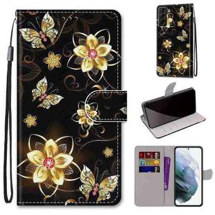 For Samsung Galaxy S22+ 5G Coloured Drawing Cross Texture Horizontal Flip Leather Phone Case with Holder & Card Slots & Wallet & Lanyard(Gold Diamond Butterfly)