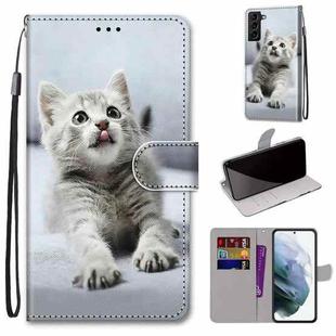 For Samsung Galaxy S22+ 5G Coloured Drawing Cross Texture Horizontal Flip Leather Phone Case with Holder & Card Slots & Wallet & Lanyard(Small Grey Cat)