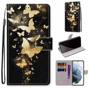 For Samsung Galaxy S22+ 5G Coloured Drawing Cross Texture Horizontal Flip Leather Phone Case with Holder & Card Slots & Wallet & Lanyard(Golden Butterfly Group)