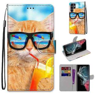 For Samsung Galaxy S22 Ultra 5G Coloured Drawing Cross Texture Horizontal Flip Leather Phone Case with Holder & Card Slots & Wallet & Lanyard(Cat Drinking Soda)