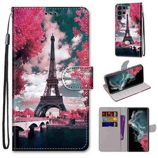 For Samsung Galaxy S22 Ultra 5G Coloured Drawing Cross Texture Horizontal Flip Leather Phone Case with Holder & Card Slots & Wallet & Lanyard(Pink Flower Tower Bridge)