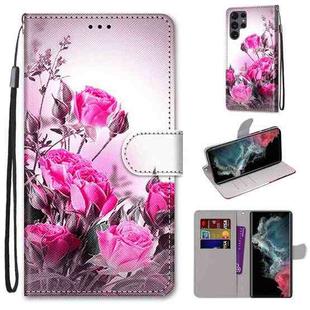For Samsung Galaxy S22 Ultra 5G Coloured Drawing Cross Texture Horizontal Flip Leather Phone Case with Holder & Card Slots & Wallet & Lanyard(Wild Rose)