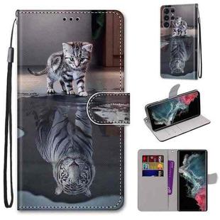 For Samsung Galaxy S22 Ultra 5G Coloured Drawing Cross Texture Horizontal Flip Leather Phone Case with Holder & Card Slots & Wallet & Lanyard(Cat Becomes Tiger)