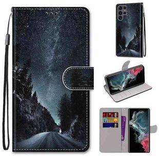 For Samsung Galaxy S22 Ultra 5G Coloured Drawing Cross Texture Horizontal Flip Leather Phone Case with Holder & Card Slots & Wallet & Lanyard(Mountain Road Starry Sky)