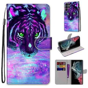For Samsung Galaxy S22 Ultra 5G Coloured Drawing Cross Texture Horizontal Flip Leather Phone Case with Holder & Card Slots & Wallet & Lanyard(Tiger Drinking Water)