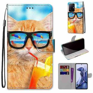For Xiaomi 11T / 11T Pro Coloured Drawing Cross Texture Horizontal Flip Leather Phone Case with Holder & Card Slots & Wallet & Lanyard(Cat Drinking Soda)