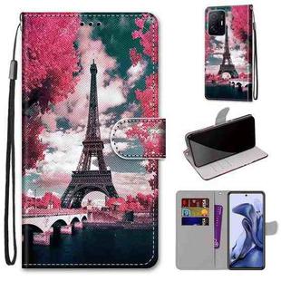 For Xiaomi 11T / 11T Pro Coloured Drawing Cross Texture Horizontal Flip Leather Phone Case with Holder & Card Slots & Wallet & Lanyard(Pink Flower Tower Bridge)