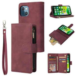 For iPhone 13 mini Multifunctional Phone Leather Case with Card Slot & Holder & Zipper Wallet & Photo Frame (Wine Red)