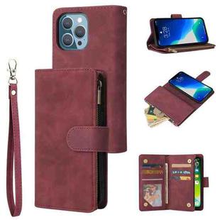 For iPhone 13 Pro Max Multifunctional Phone Leather Case with Card Slot & Holder & Zipper Wallet & Photo Frame (Wine Red)