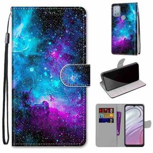 For Motorola Moto G10 / G20 / G30 Coloured Drawing Cross Texture Horizontal Flip PU Phone Leather Case with Holder & Card Slots & Wallet & Lanyard(Colorful Layer(Purple Green Starry Sky)
