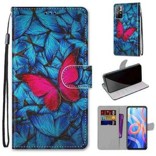For Xiaomi Redmi Note 11 Coloured Drawing Cross Texture Horizontal Flip PU Phone Leather Case with Holder & Card Slots & Wallet & Lanyard(Colorful Layer(Big Red Butterfly On Blue)