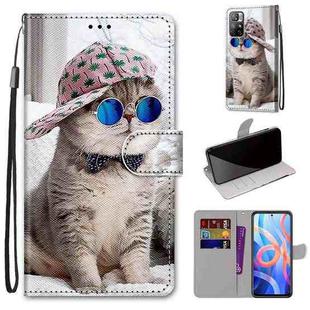 For Xiaomi Redmi Note 11 Coloured Drawing Cross Texture Horizontal Flip PU Phone Leather Case with Holder & Card Slots & Wallet & Lanyard(Colorful Layer(Oblique Hat Blue Mirror Cat)