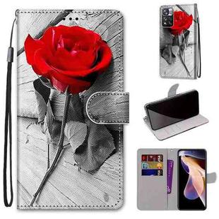 For Xiaomi Redmi Note 11 Pro / 11 Pro+ Global Coloured Drawing Cross Texture Horizontal Flip PU Phone Leather Case with Holder & Card Slots & Wallet & Lanyard(Colorful Layer(Red Rose On Wooden)