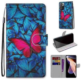 For Xiaomi Redmi Note 11 Pro / 11 Pro+ Global Coloured Drawing Cross Texture Horizontal Flip PU Phone Leather Case with Holder & Card Slots & Wallet & Lanyard(Colorful Layer(Big Red Butterfly On Blue)