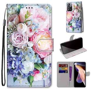 For Xiaomi Redmi Note 11 Pro / 11 Pro+ Global Coloured Drawing Cross Texture Horizontal Flip PU Phone Leather Case with Holder & Card Slots & Wallet & Lanyard(Colorful Layer(Light Pink Bouquet)
