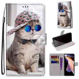 For Xiaomi Redmi Note 11 Pro / 11 Pro+ Global Coloured Drawing Cross Texture Horizontal Flip PU Phone Leather Case with Holder & Card Slots & Wallet & Lanyard(Colorful Layer(Oblique Hat Blue Mirror Cat)
