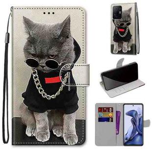 For Xiaomi Mi 11T / 11T Pro Coloured Drawing Cross Texture Horizontal Flip PU Phone Leather Case with Holder & Card Slots & Wallet & Lanyard(Colorful Layer(Golden Chain Grey Cat)